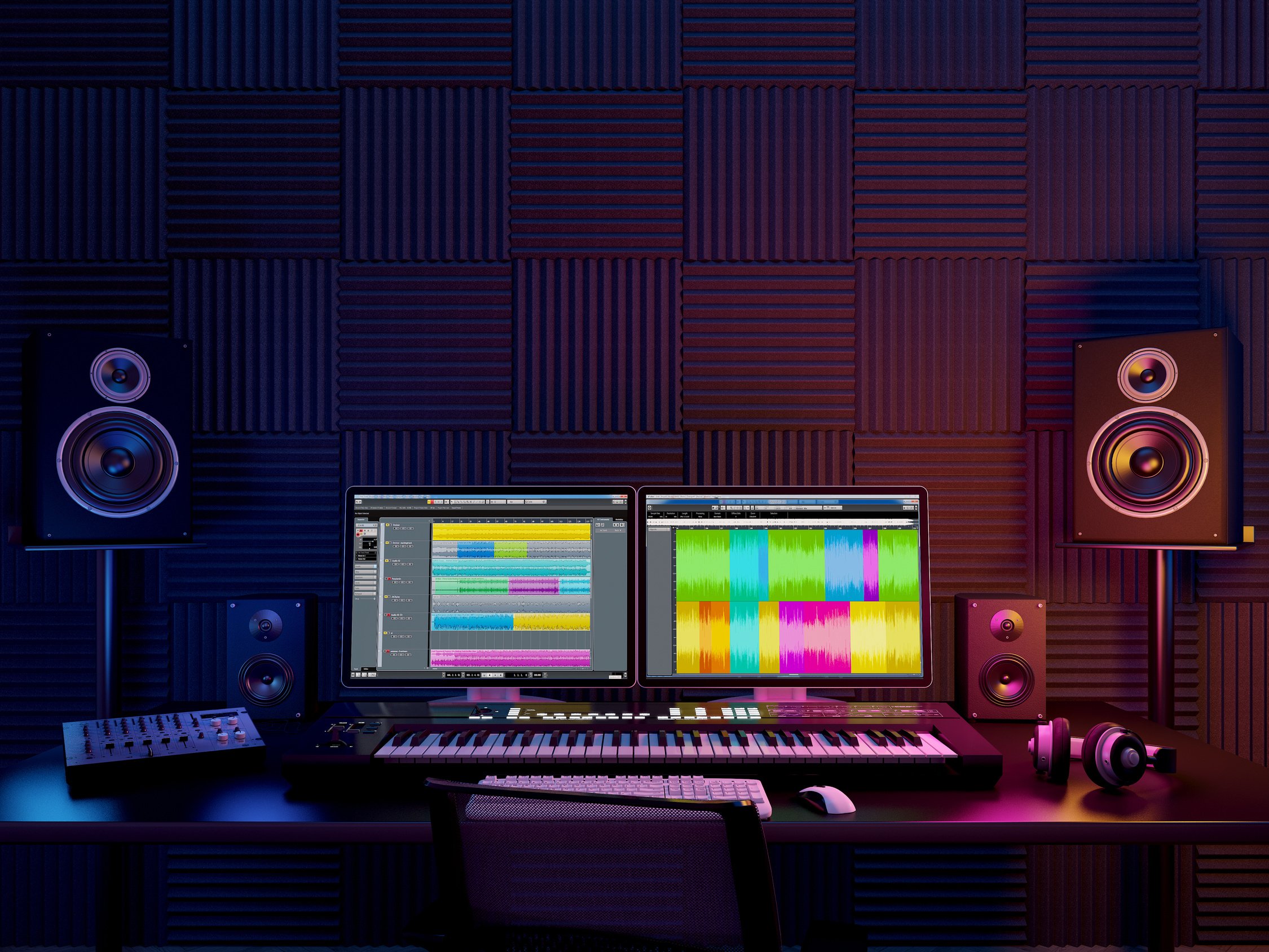 Audio workplace,recording studio,computer music studio.3d rendering